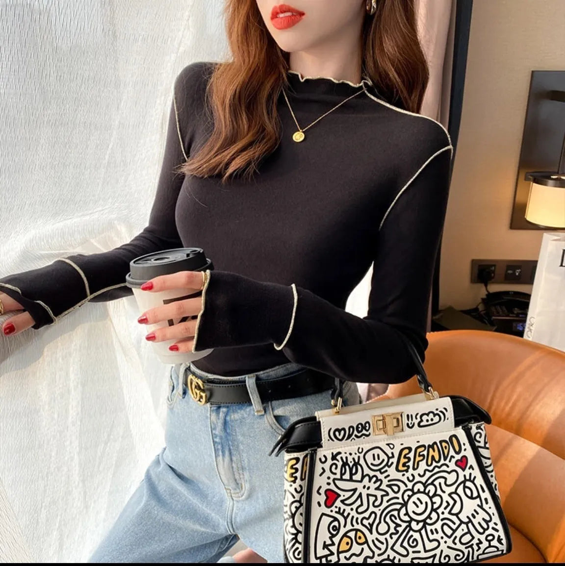Women's half turtleneck long-sleeved top in polyester fibre, slim fit, 50cm length, six colours