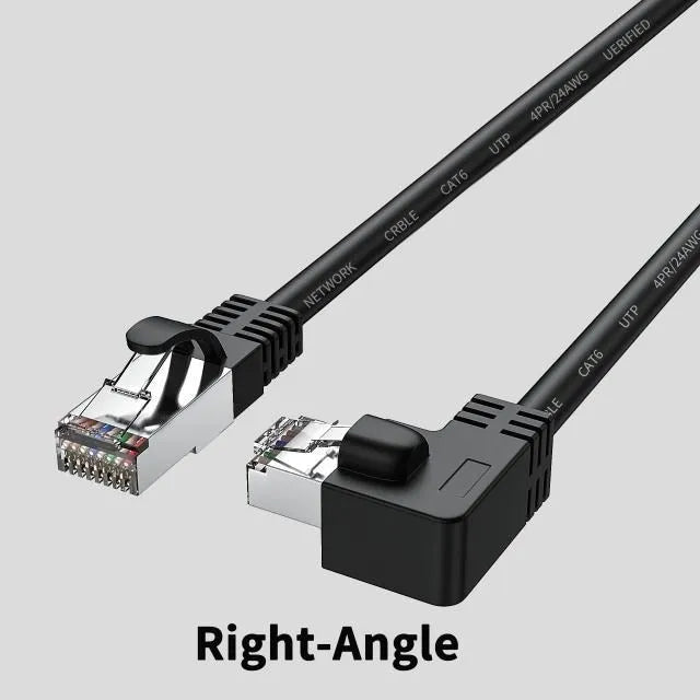 Cat6 Ethernet cable with right-angle metal RJ45 connector in black, available in multiple lengths