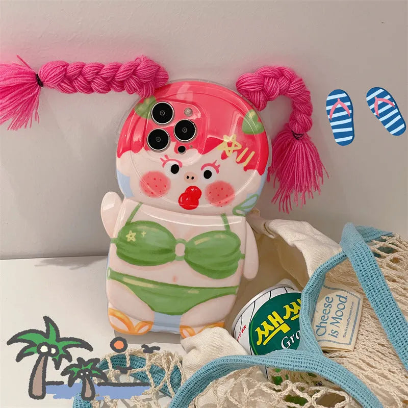 Pink and green silicone iPhone case with a cartoon girl in a swimsuit design.