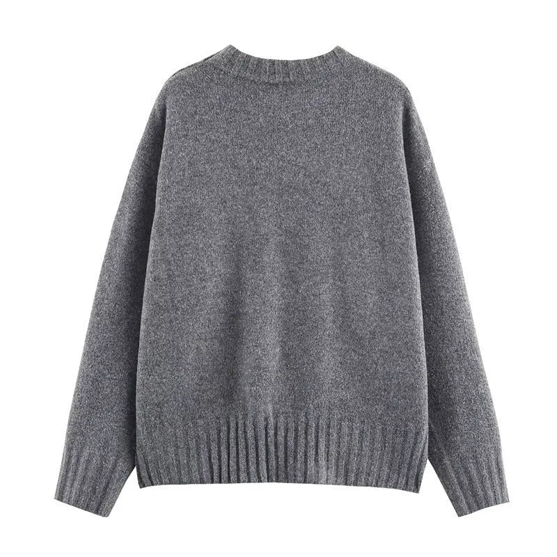 Women's grey ribbed knit cardigan sweater with stripe pattern, contrast colour and long sleeves, 50cm length