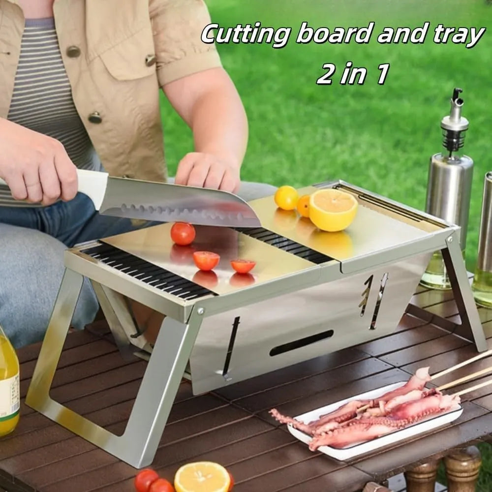 Small portable charcoal grill shown in a folded position for easy transport.