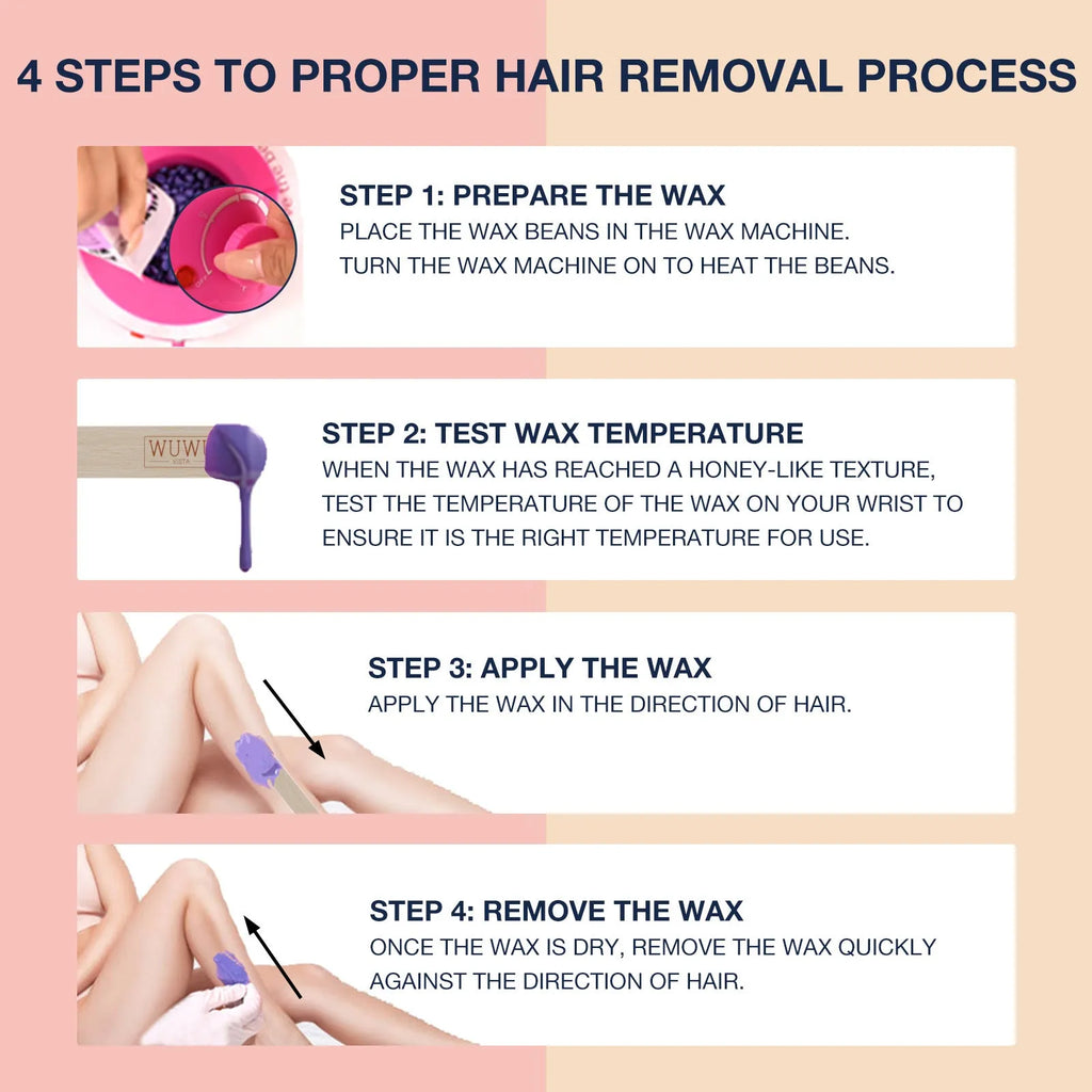 27-piece home waxing kit with digital heater, four coloured wax bead pots, and applicator sticks on a pink background.