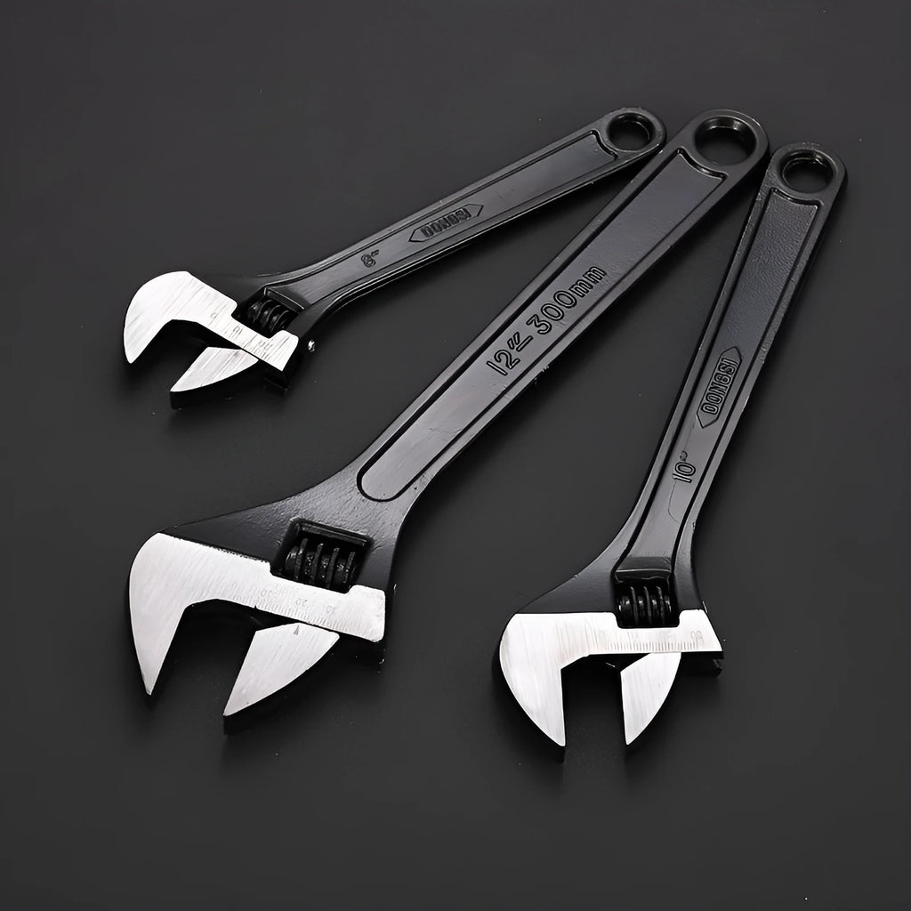 15-inch stainless steel adjustable open-end wrench with a blackened head and ergonomic handle.