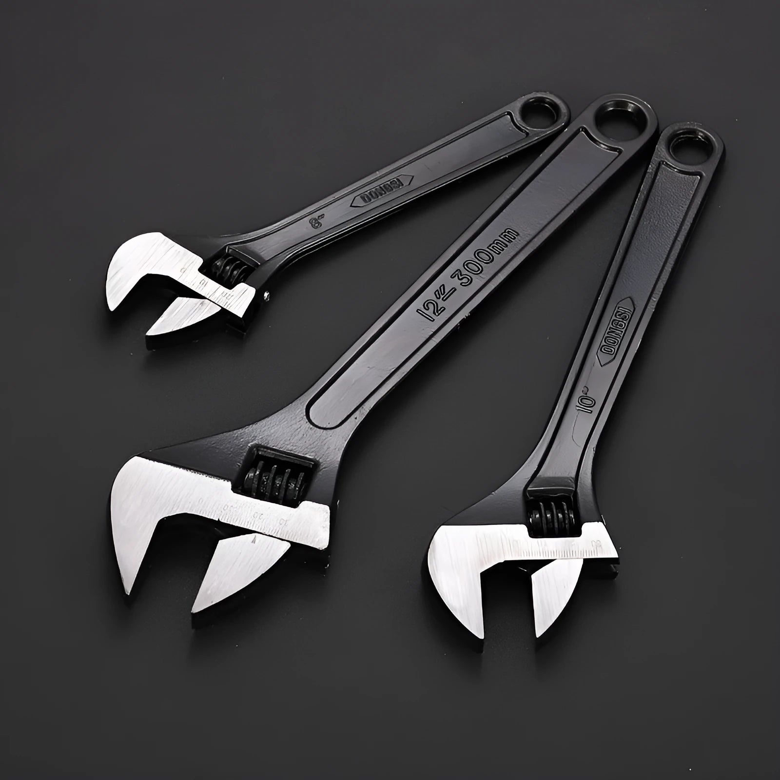 15-inch stainless steel adjustable open-end wrench with a blackened head and ergonomic handle.