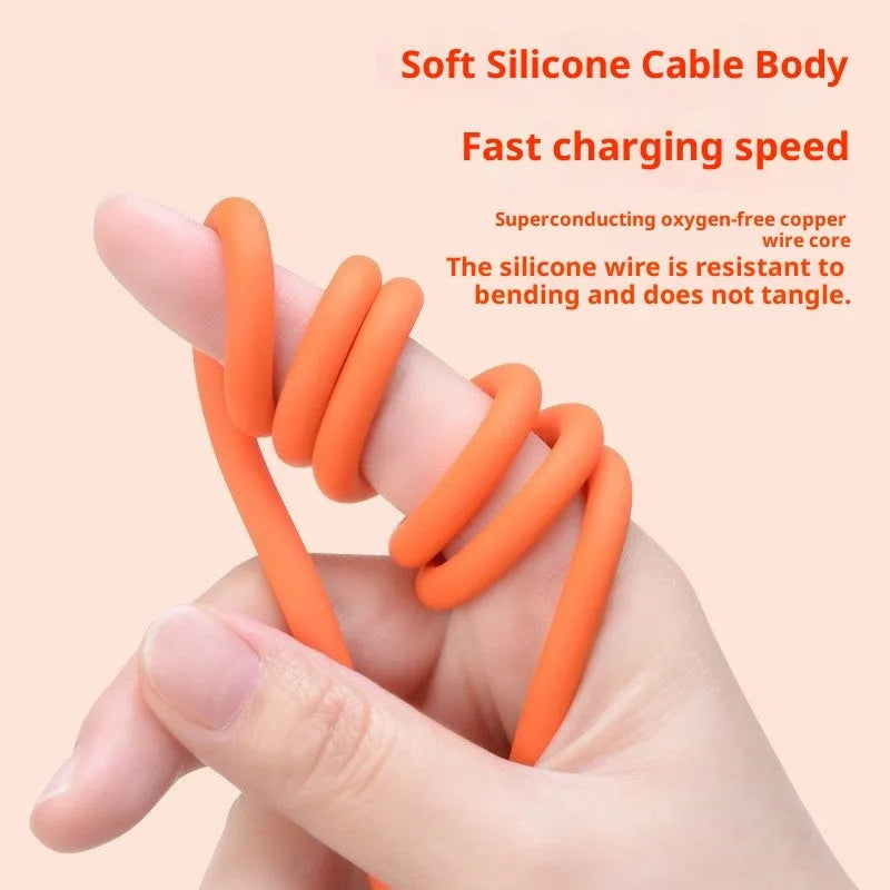 Orange silicone three-in-one charging cable for Android and Apple devices