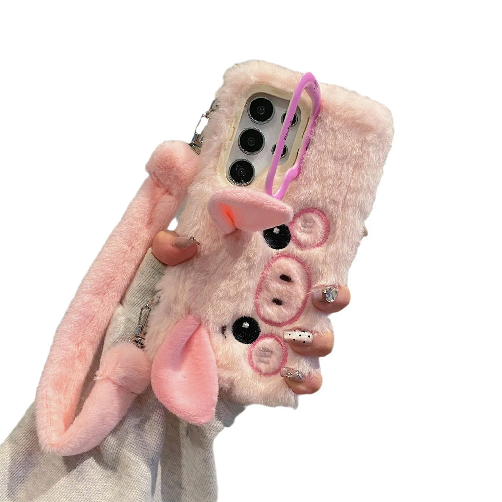 Plush cute piggy phone case with bracket on pink and white soft furry fleece cloth for Samsung smartphones
