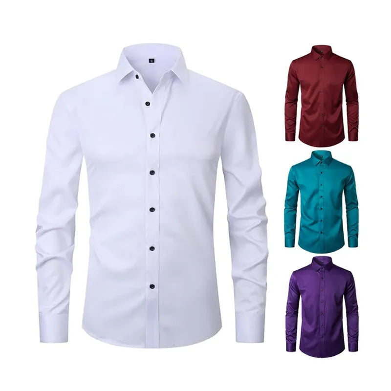 Men's stretch long sleeve work shirt in polyester fabric, shown in a light colour on a hanger.