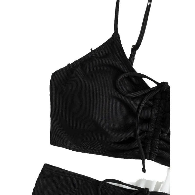 Black women's bikini swimsuit with sling split and high waist shorts