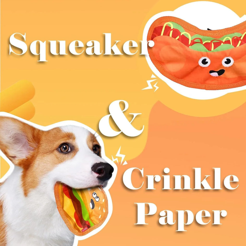 Colourful crinkle and squeak dog toy in a fast-food burger shape on a white background.