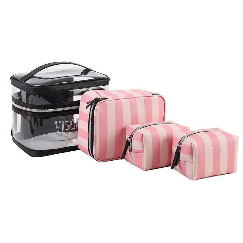 Pink bold stripes floral pattern folding makeup bag with synthetic leather waterproof construction