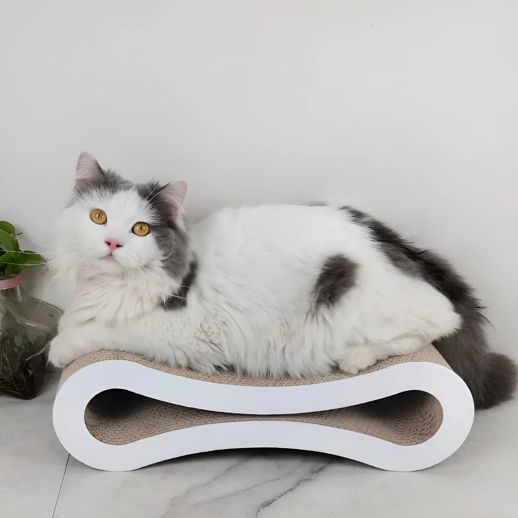 Eight-shaped large white corrugated cat scratch board 430x210x130mm on floor