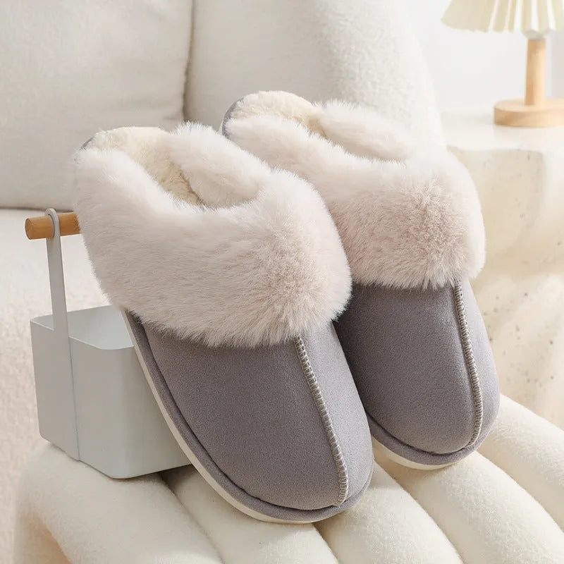 Women's plush winter slippers with round toe, available in brown, grey, pink and white.