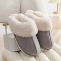 Women's plush winter slippers with round toe, available in brown, grey, pink and white.