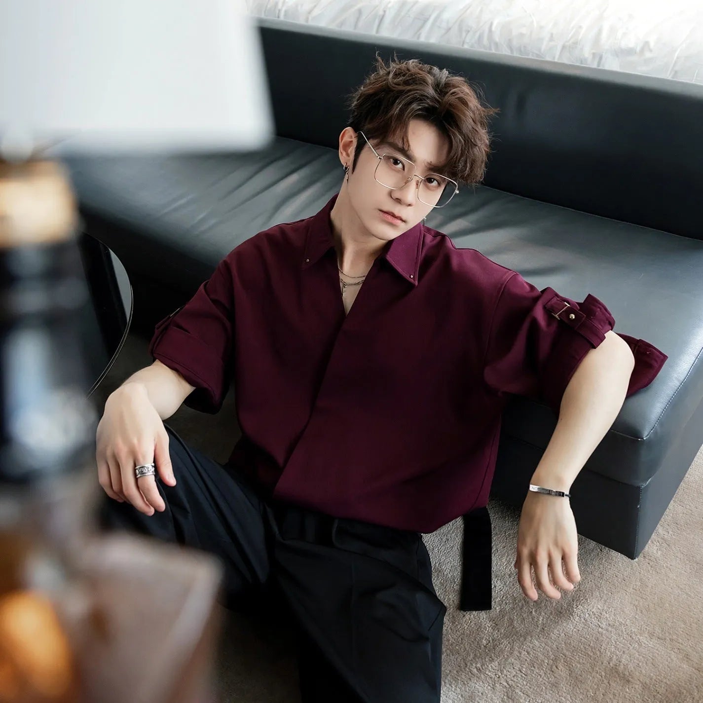 Men's loose fit polyester cardigan shirt in red, casual style front view
