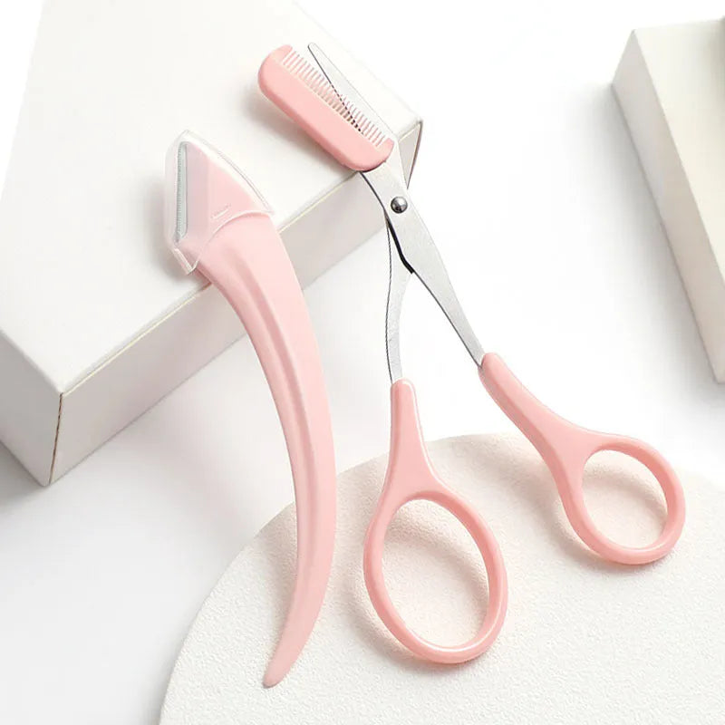 Curved moon eyebrow trimming knife with comb in white, pink, or green colours