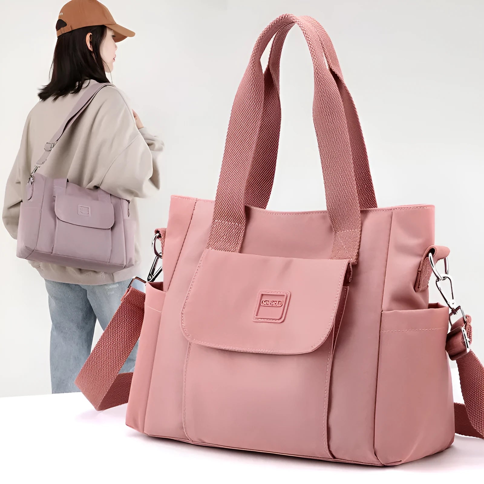 Women's large capacity multi-interlayer shoulder bag in nylon, soft horizontal square shape with sewing line detail, multiple internal compartments, urban simplicity style