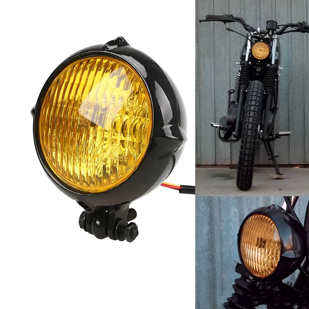 Black retro Harley-style halogen headlight for cars with yellow glass lens.
