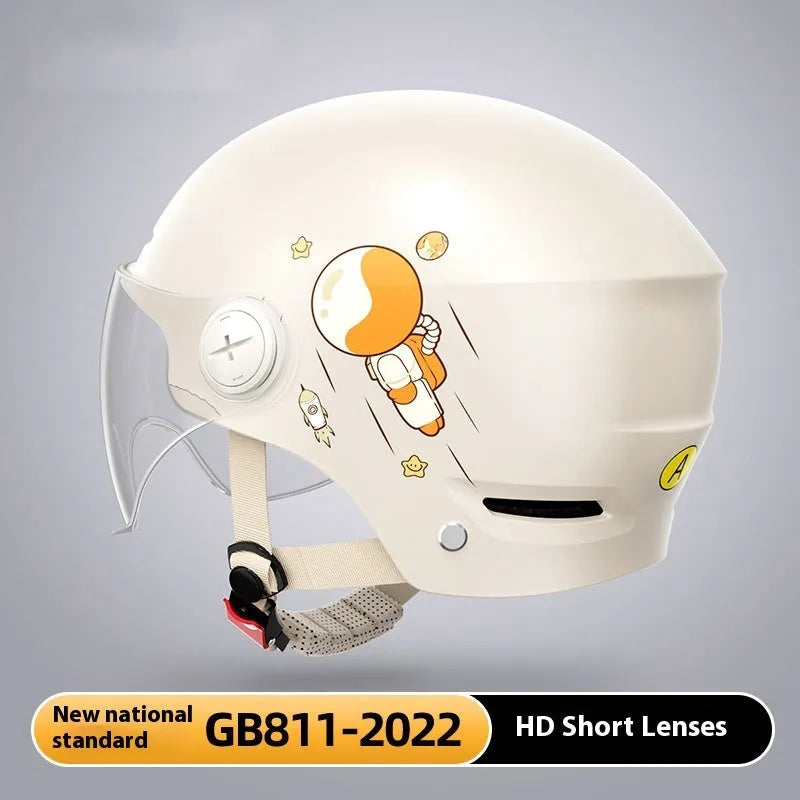 Khaki coloured open-face motorcycle helmet with integrated long mirror sunglasses on a table.