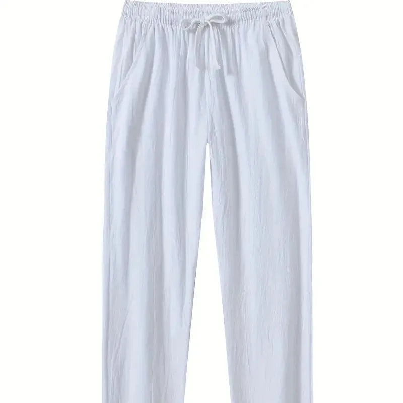 Man's loose-fitting cotton linen casual beach pants in solid khaki colour