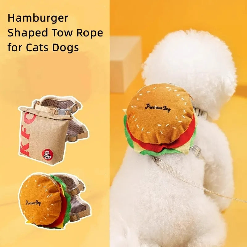 Cartoon hamburger and chips design adjustable escape-proof vest and leash set for dogs and cats