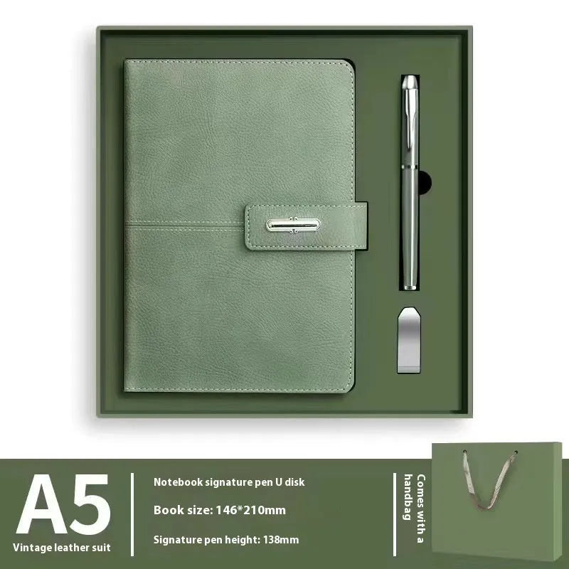 A5 notebook with PU leather cover in choice of colour, shown open on wood-free paper pages.