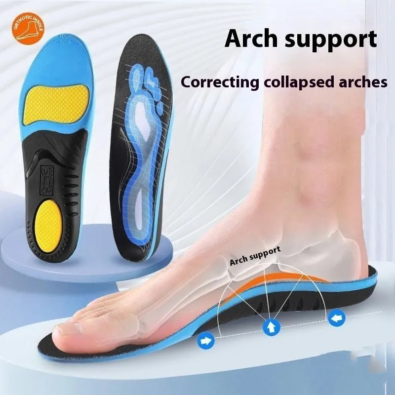 Blue and green PU flat foot correction insoles showing arch support design with yard sizing indicators