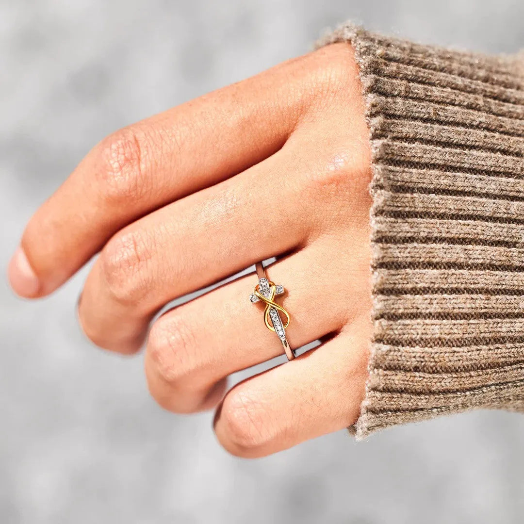 S925 sterling silver infinite cross ring with two-tone electroplated finish and geometric line design