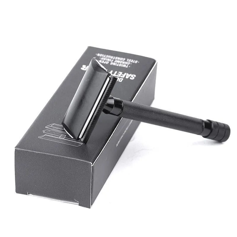 Manual beard shaving tool with metal scraper and brush for traditional wet shaving