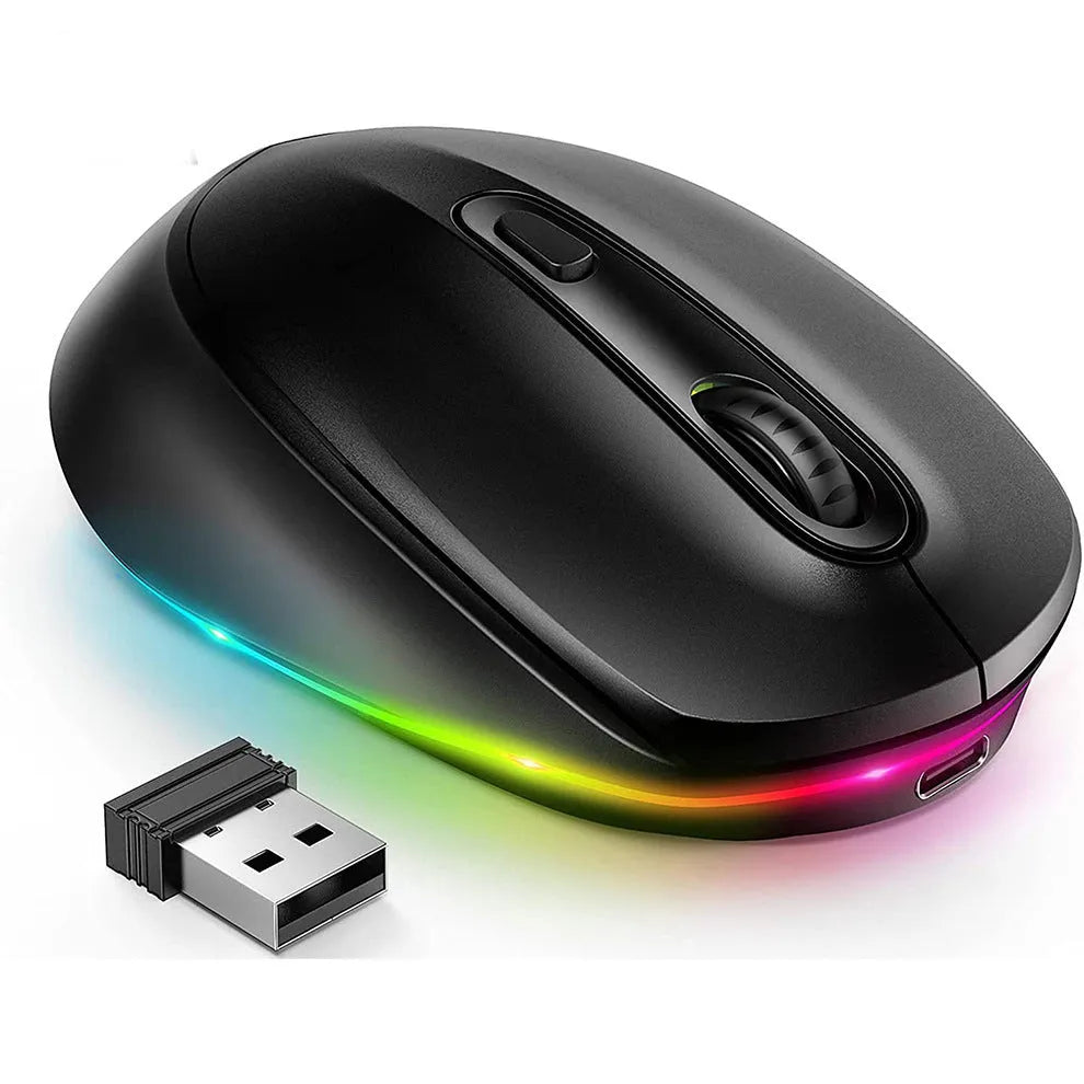 Wireless computer mouse with USB charging cable showing compact design and ergonomic shape