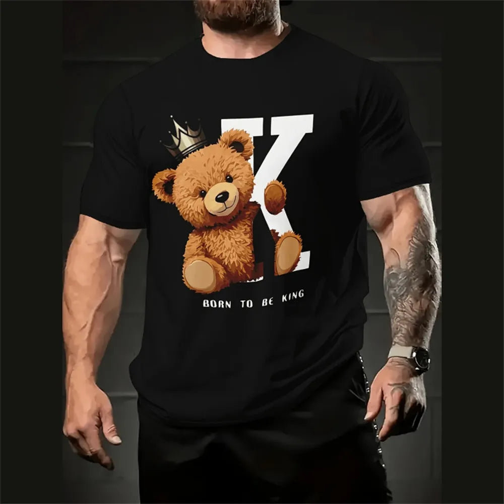 Man wearing a loose-fit grey t-shirt with a colourful 3D cartoon print on the front.