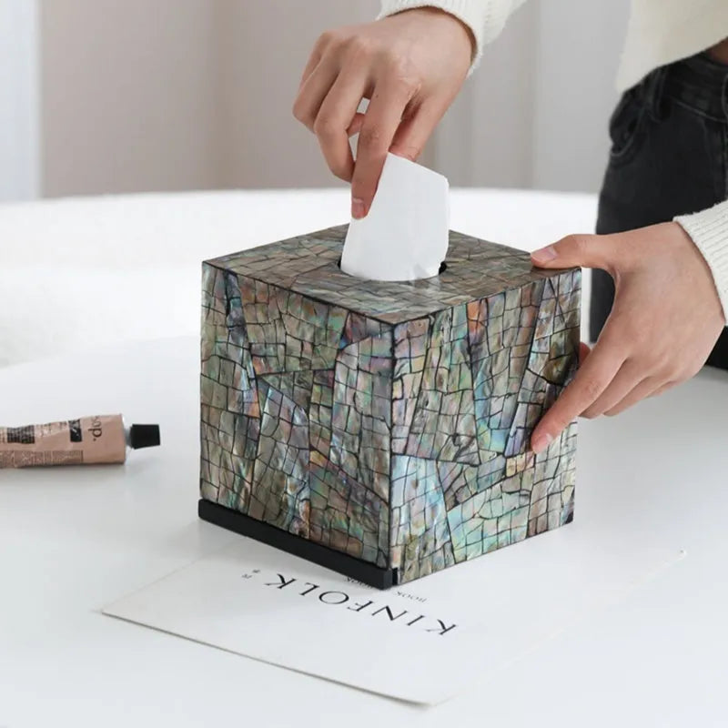 Black natural shell tissue box storage container in rectangular and square styles for coffee table decoration.