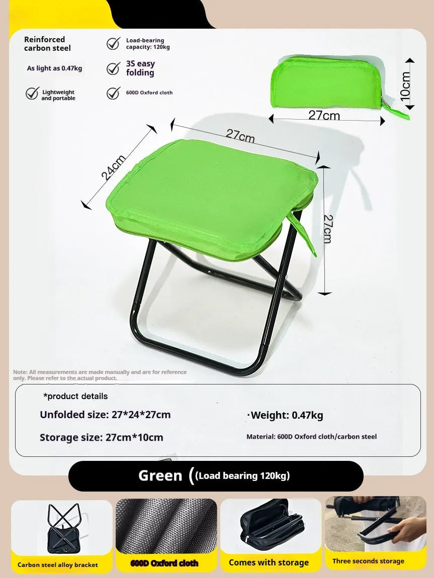 Outdoor foldable camp chair stool in Oxford fabric shown in khaki colour, folded in pencil box shape.