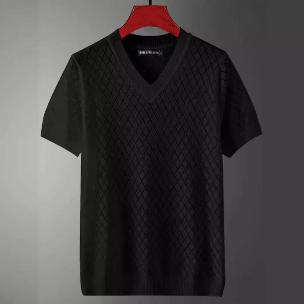 Man wearing a black Korean-style ice silk V-neck t-shirt, showcasing the cut-out detail and casual fit.