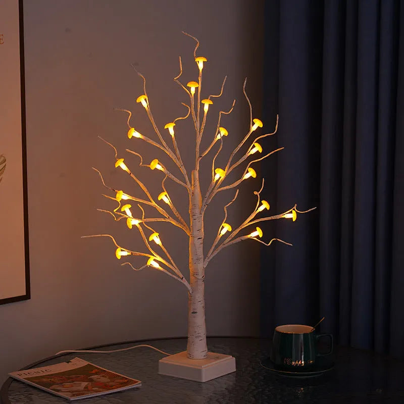 60cm tall white birch tree LED lamp with 24 small removable mushroom lights