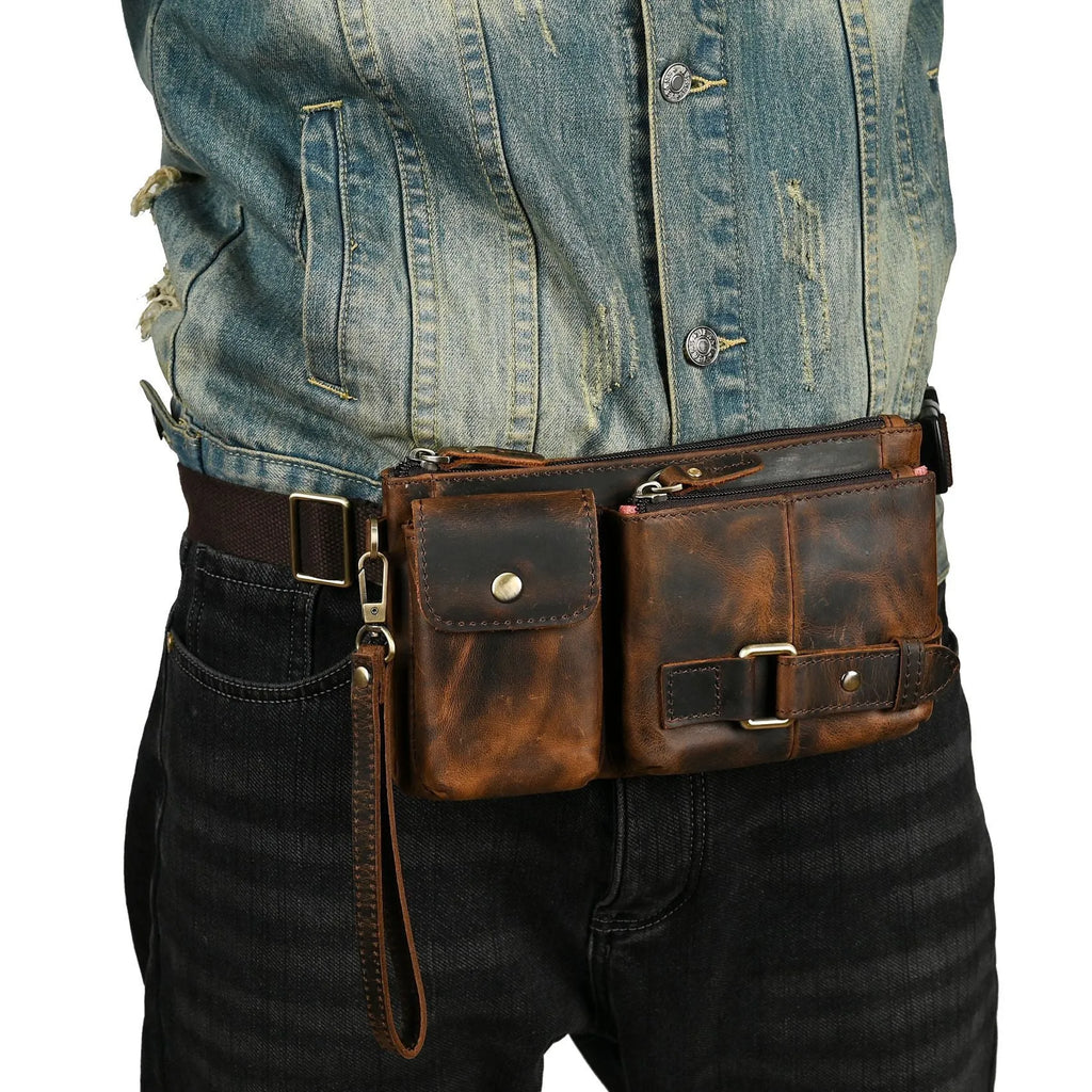 Men's genuine cowhide leather chest bag in solid colour with crossbody strap