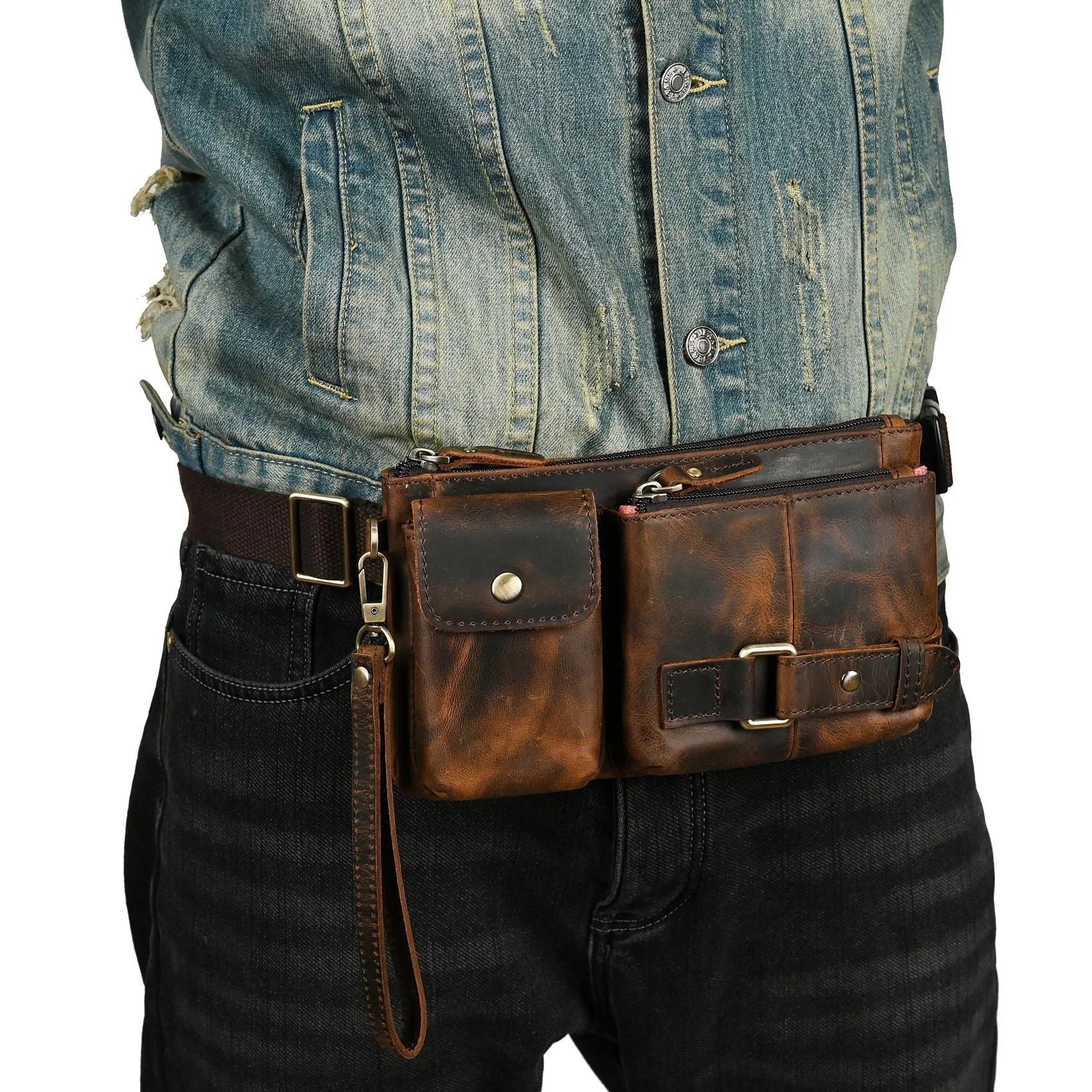 Men's genuine cowhide leather chest bag in solid colour with crossbody strap