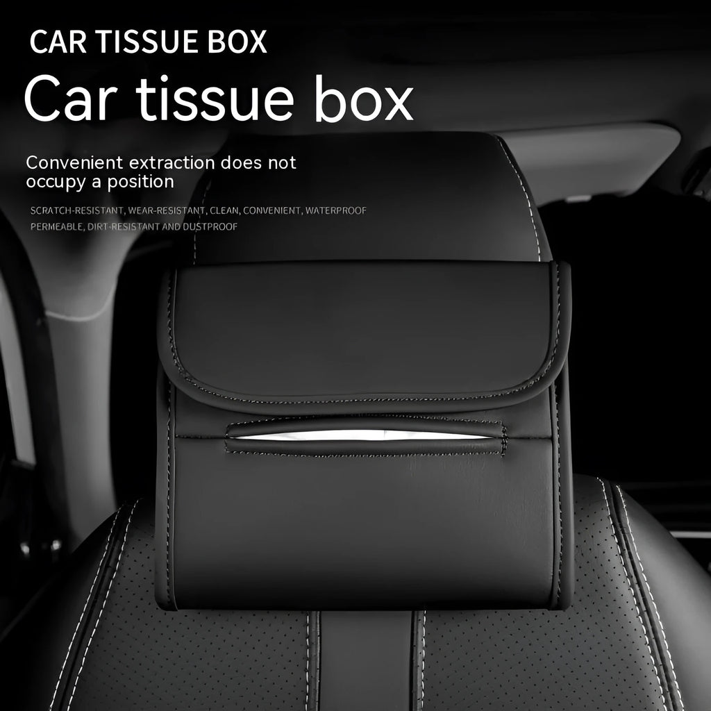 Leather car tissue box with elastic band mounting in five colour options