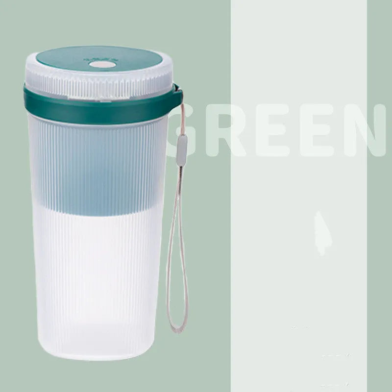 Blue portable blender cup with USB charging cable and stainless steel blending blades
