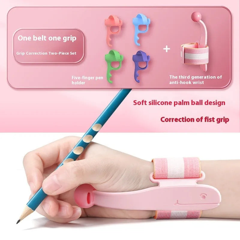 Blue and pink anti-hook wrist brace pen grip corrector for children's handwriting, made from white ABS nylon.