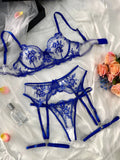 Sapphire blue women's see-through embroidered underwear set with cutouts, includes top, pants, and garters.