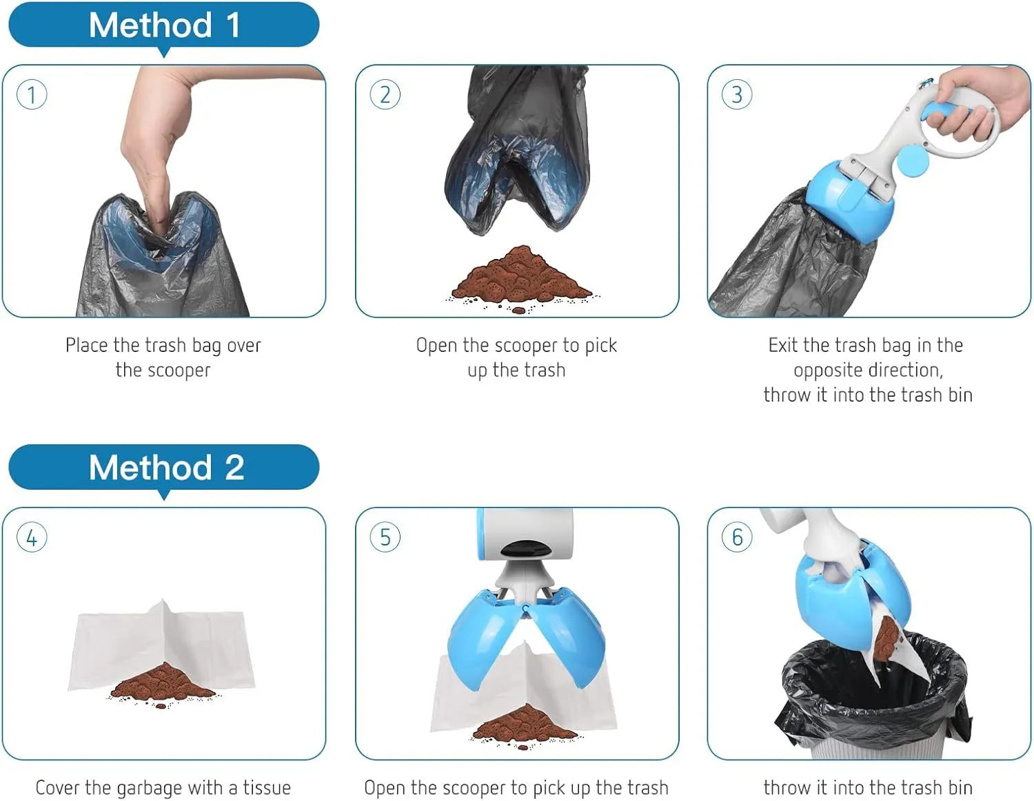 Black pet pooper scooper with built-in trash bag holder made of ABS plastic on a grass lawn.