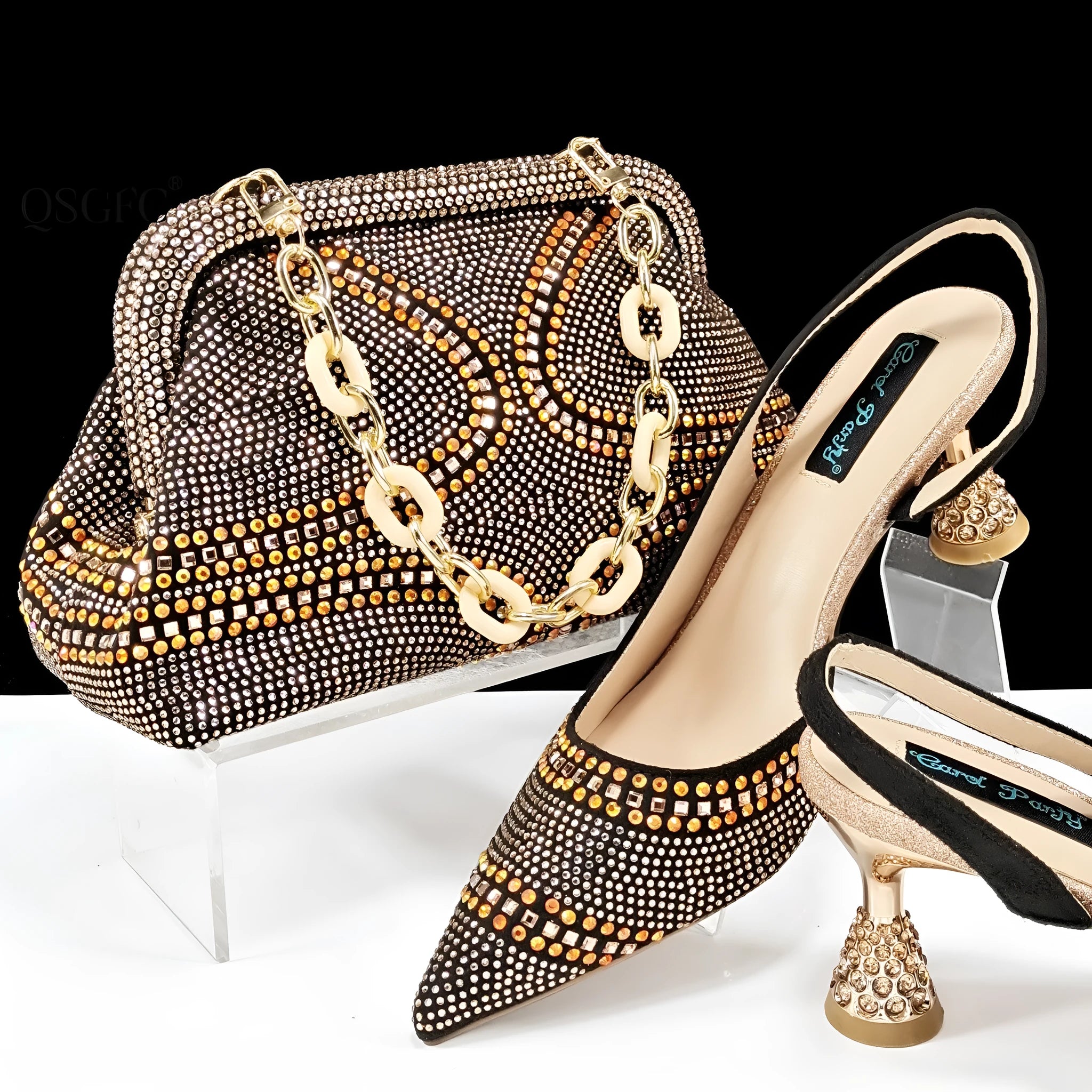 Women's pointed toe high heel shoes with matching small bag in synthetic leather, wine glass heel.
