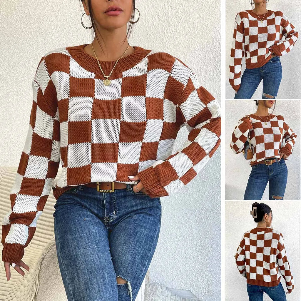 Dark brown plaid pattern men's acrylic pullover sweater with round neck and long sleeves.