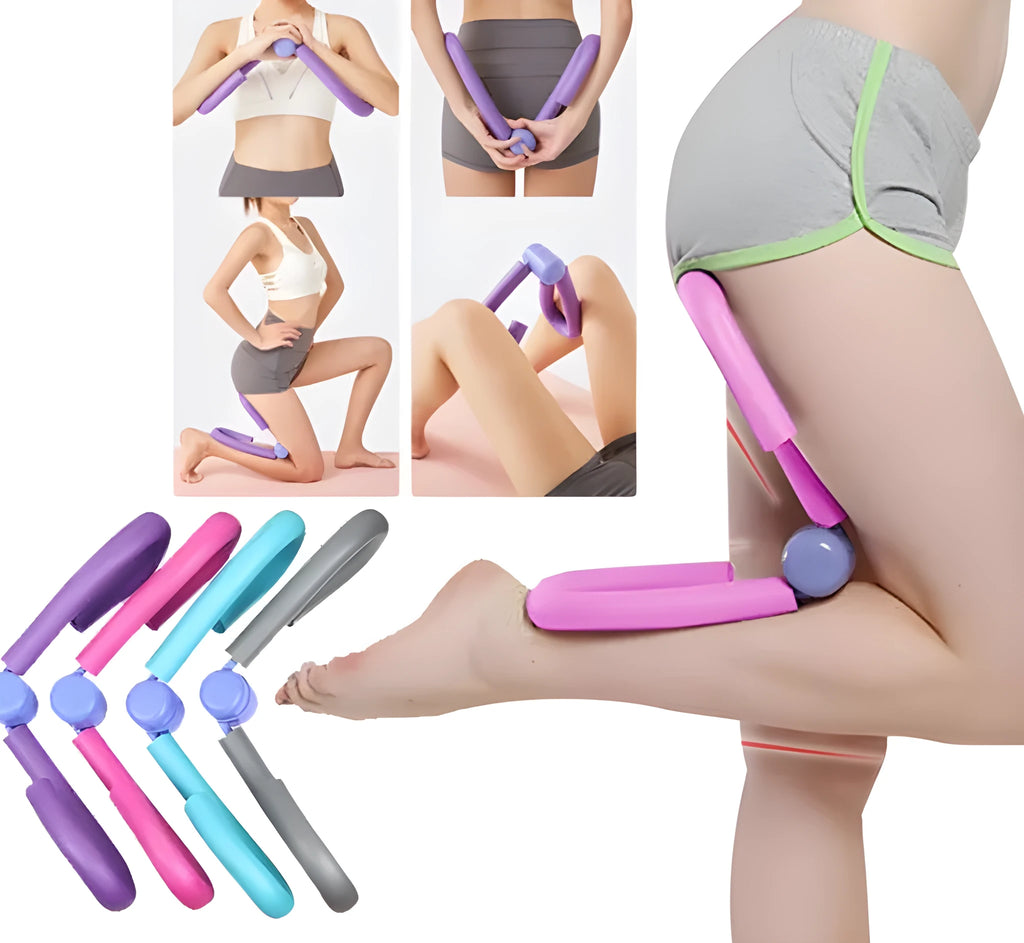 PVC leg training clip exercise equipment in pink, purple, blue, or grey colours.
