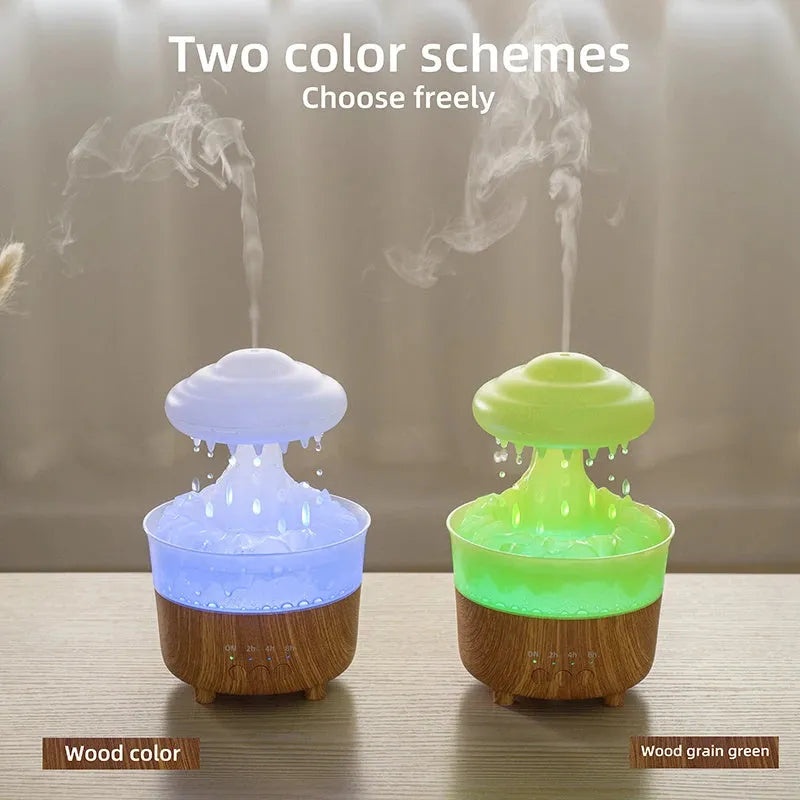 Wood grain rain cloud shaped humidifier and essential oil diffuser with night light on a table.