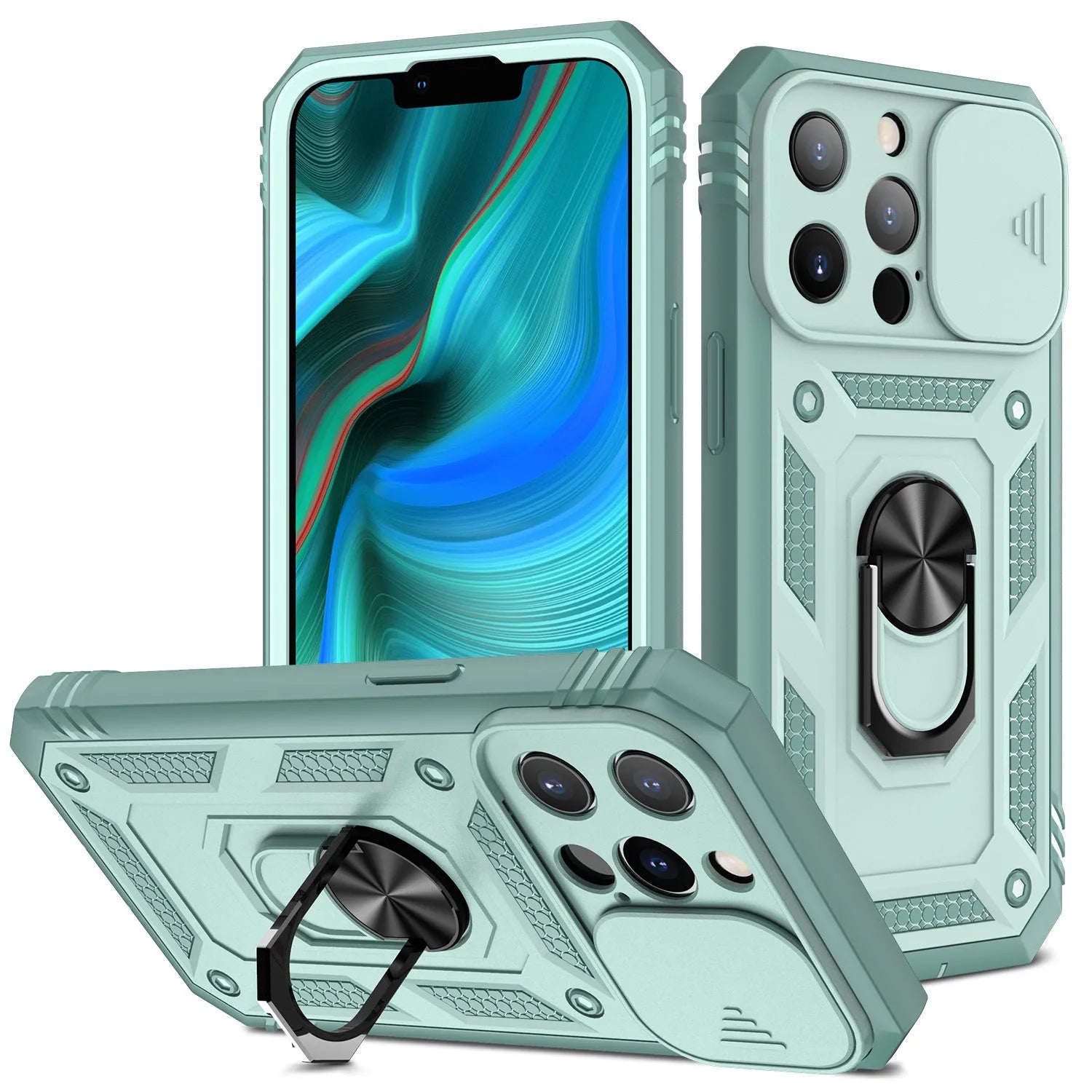 Magnetic sliding window back cover case for iPhone 12 and 13 phones in sapphire blue colour.
