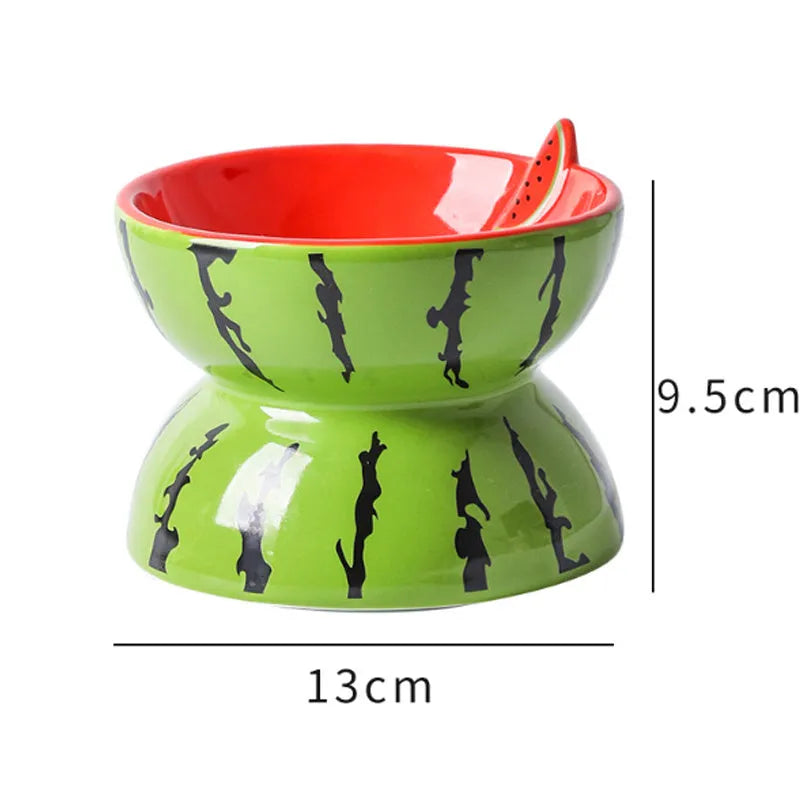 Ceramic elevated cat bowl with tilted design and patterned finish for comfortable pet feeding