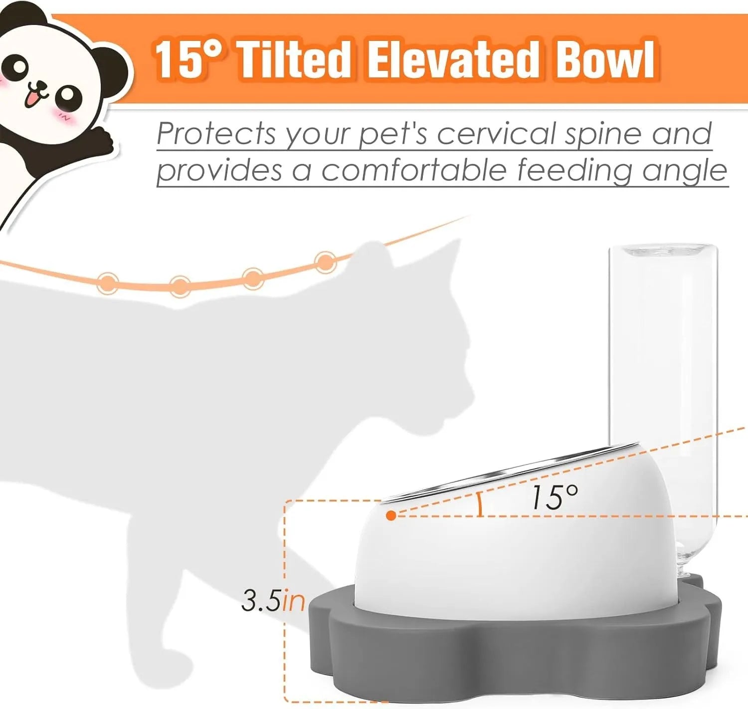 Grey panda-shaped tilted pet bowl set with stainless steel food bowl and automatic water dispenser bottle