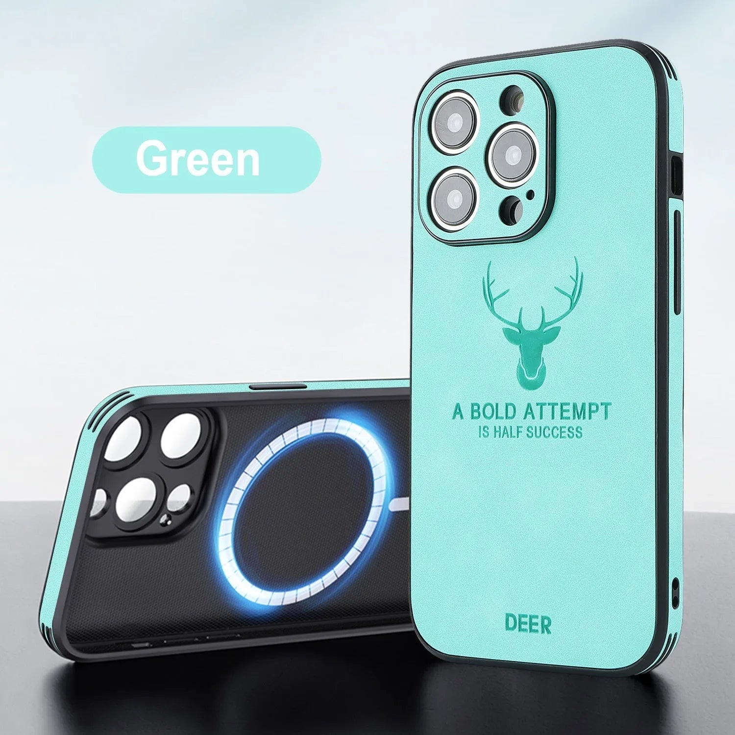iPhone 16 magnetic charging case with embossed moose head design in imitation leather, shown in multiple colours.