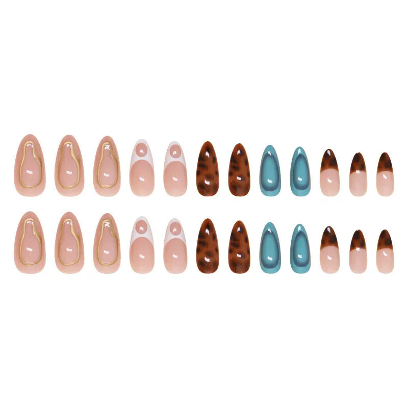 Blue and green leopard print wearable armour fake nails set with glue for ladies, detachable press-on style